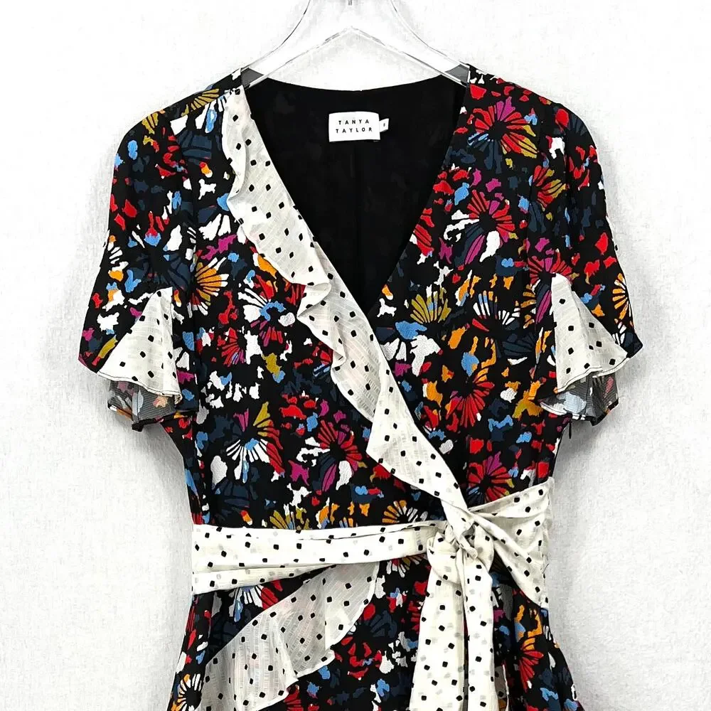 TANYA TAYLOR Bianka Combo Silk Wrap Dress Womens 8 Floral Polka Dot Ruffle Wrap - Picture 6 of 16